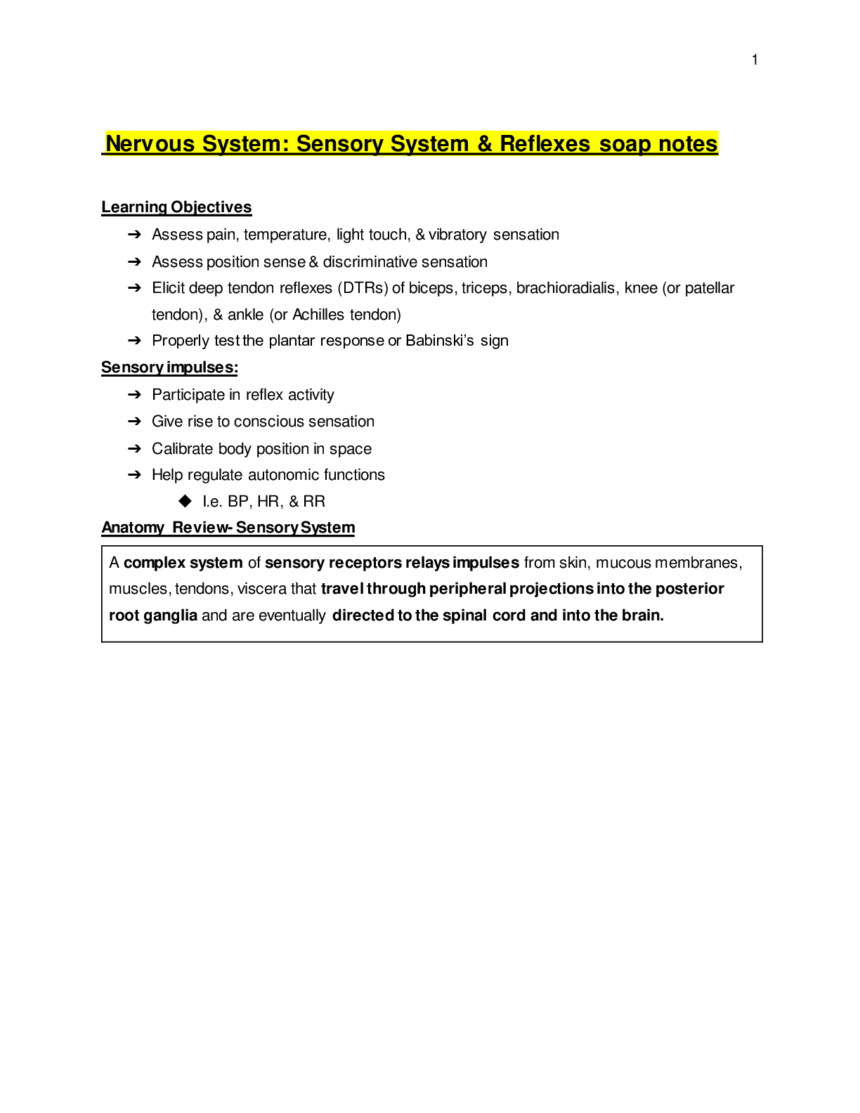 Preview image for Nervous System: Sensory System & Reflexes/ soap notes